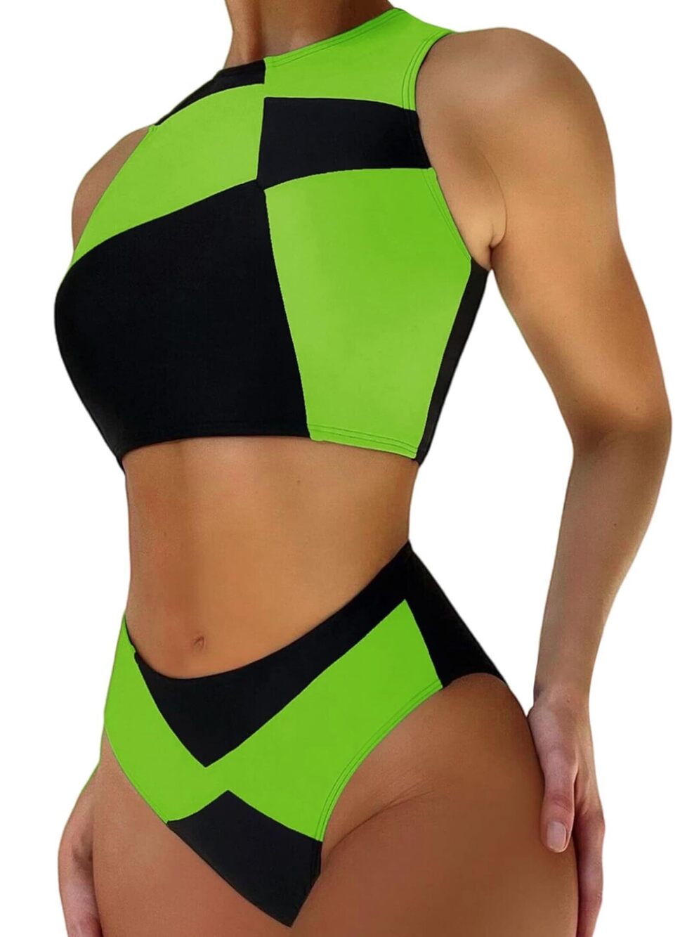 7059 Colorblock Shego Costume - Rave Outfit Swimsuits High Neck Crop Top